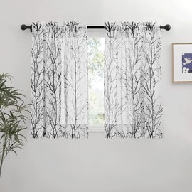 NICETOWN Branch Sheer Curtains 63 Inches Length, Light Filtering Rod Pocket Linen Look Window Treatments/Rideaux de Salon, 50 inches Width, Black, Set of 2