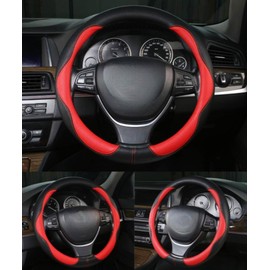 New Sporty Car Steering Wheel Cover for Men Women,Universal Fit Line Shape 14"/15"/16" PU Leather Anti-Slip Steering Wheel Covers for Trucks, Pickup, SUV (Black&Red, Standard(14'' 1/2''-15''))