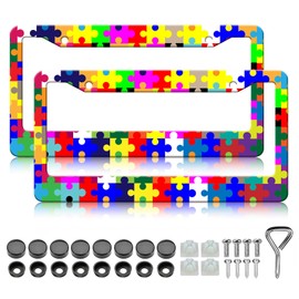 HCSS Colourful Autism Puzzle License Plate Frames - 2 Pack Autism Awareness Aluminum Metal License Plate Holder,Rust-Proof Waterproof Car Decorative Tag Frames for Standard US 12x6 Inch
