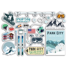 A5 Sticker Sheet Park City Vinyl Stickers - United States America Ski Resort Mountains Snowboard Holiday Flag Travel Snow Sports Luggage Scrapbooking #79070