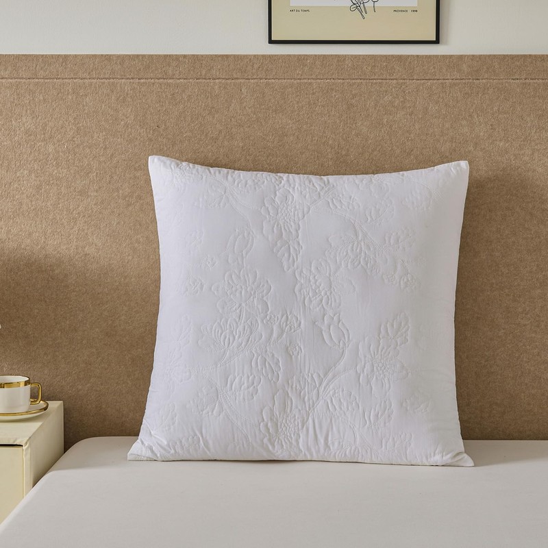 White Quilted Euro Shams Set of 2 Cotton Floral Large