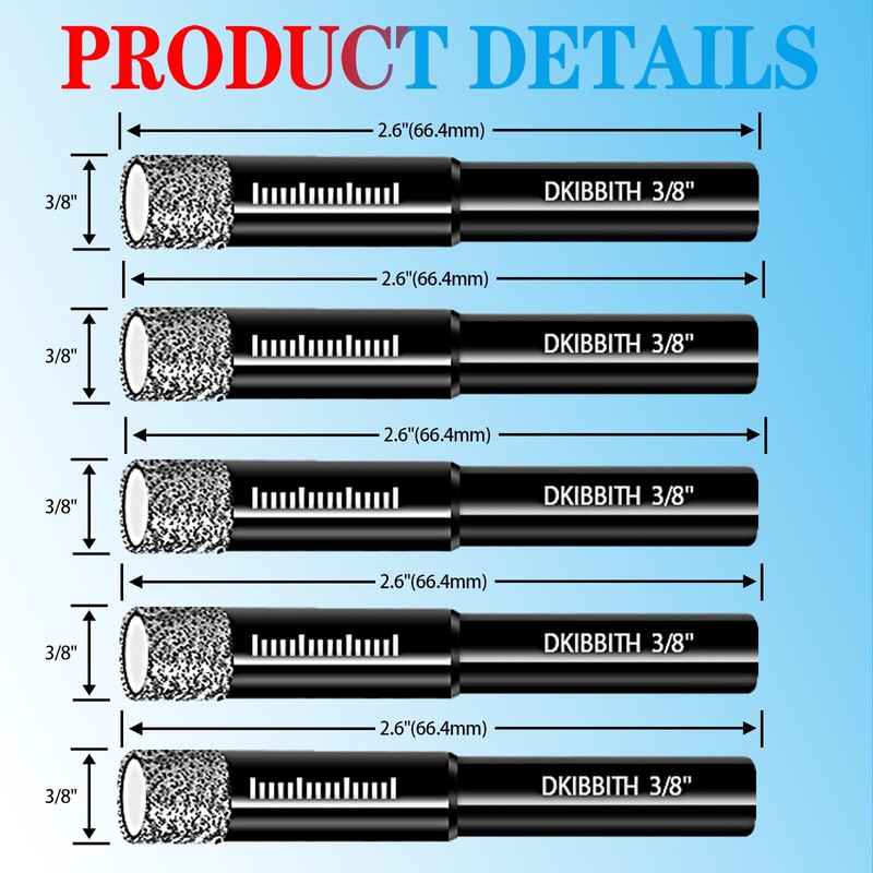 5-Pack 3/8" Dry Diamond Core Drill Bits Set, 10mm Tile