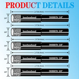 5-Pack 3/8" Dry Diamond Core Drill Bits Set, 10mm Tile Drill bits for Ceramic Porcelain Marble Granite Tile Stone Glass Brick, Integrated Coolant for Fast Dry Drilling, Round Shank, with Storage Case