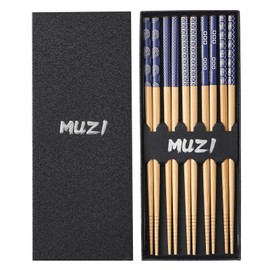 Sbirdbao 5 Pairs Natural Bamboo chopsticks Reusable Dishwasher Safe, Japanese Style Chop Sticks, 9.4 Inch/24cm Gift Set