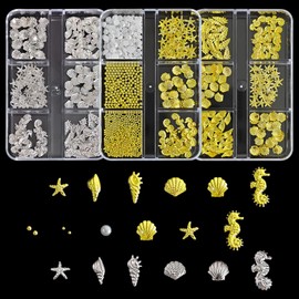Ocean Themed Nail Charms,3Boxes 18Grids Metal 3D Nail Studs Rhinestones,Star Starfish Seashell Conch Pearl Caviar Beads Summer Beach Nail Art Decorations for Women Girl Manicure Design Supplies