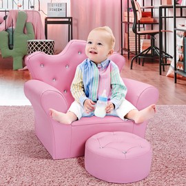 Costzon Kids Sofa, Children Upholstered Sofa with Ottoman, Princess Sofa with Diamond Decoration, Ottoman, Smooth PVC Leather Toddler Chair, Kids Pink Couch for Preschool Boys and Girls Gift (Pink)