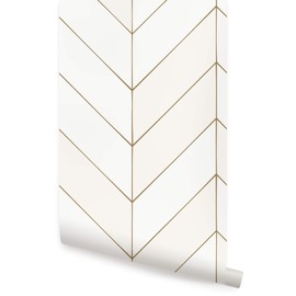 Simple Shapes Gold Lines Chevron Wallpaper Peel and Stick (Single Sheet - 2ft x 9ft, Off White)