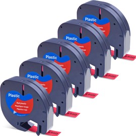 Label Orison 91203 91333 Compatible with Dymo LetraTag Refills Labels Plastic Labeling Tape for DYMO LabelMaker LT100H LT100T Plus,Black on Red,1/2 Inch X13Feet(12mmx4m),5Pack