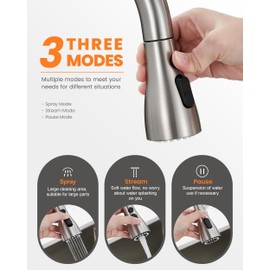 TIORIY 3 Hole Kitchen Faucet with Pull Down Sprayer, Brushed Nickel, Double Handle High Arc Faucet for Kitchen Sink with 3 Mode Spray, Stainless Steel, T-3005BN