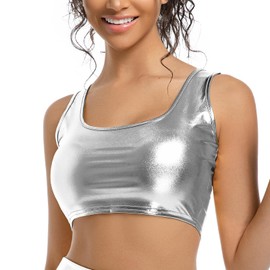 OVIGILY Women's Metallic Crop Top – Shiny Stretch Tank for Rave, Festival, Club, Dance & Party Wear