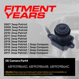 Master Tailgaters Replacement for Jeep Patriot (2007-2017), Compass (2014-2017) Rear View Backup Camera OE Part # 68192986AD, 68192986AB, 68192986AC