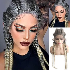 Ombre Blonde Braided Wigs for Women Long Handmade Twisted Braids Synthetic Wig Grey Mixed Black Double Dutch Braid Wigs with Baby Hair Synthetic Heat Resistant Lightweight Box Braided Wig 30Inch