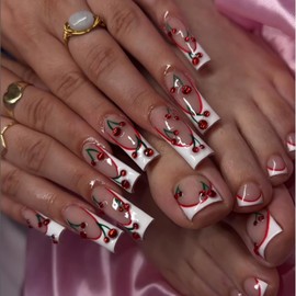 Long Press on Nails Square Fake Nails White French Tip False Nails with Design Red Cherry Glue on Nails Christmas Acrylic Nails Press ons Full Cover Rhinestones Stick on Nails for Women Manicure 24Pcs