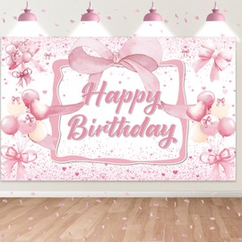 Bow Birthday Banner Pink, BTZO Happy Birthday Background Banner Birthday Banner for Girls Women Baby Birthday Decoration
