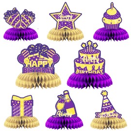 Purple Gold Birthday Party Decoration Purple Gold Birthday Centerpieces for Tables Decorations Cheers to 30 40 50 60 Years with Honeycomb Table Topper for Men Women Purple Gold Birthday Party Supplies 8PCS