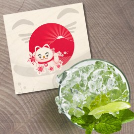 Unbranded Sakura Blossom With Japanese Lucky Cat Animal 4'' X 4'' Square Wooden Coaster