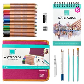 COLOUR BLOCK Watercolor Pencil Travel Art Set I 34pc Professional Drawing Kit, 50Sheets Drawing Pad, Paint Brushes I Vibrant Pigments for Coloring, Blending
