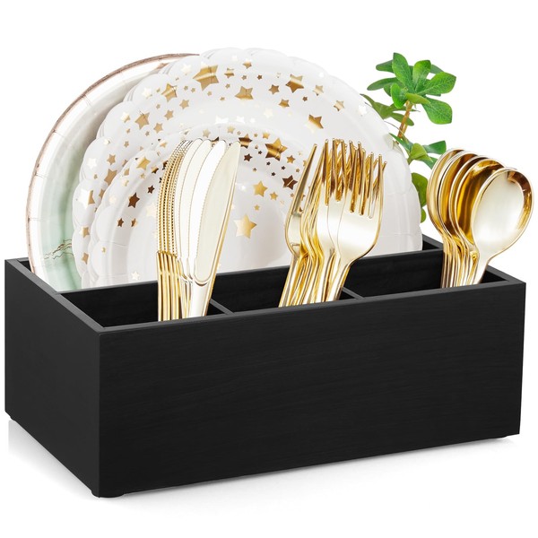 DRASTAR Paper Plate Dispenser, Wooden Utensil Caddy Organizer, Large Silverware