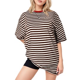 Buauty Womens Oversized Striped T Shirts, Color Block Tee Loose Fit Crew Neck Short Sleeve Tops Casual Summer Y2K 2024 Trendy