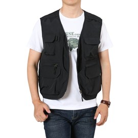 Flygo Men's Utility Cargo Vest Outdoor Summer Work Photo Fishing Safari Travel Vest Jacket with Pockets(01Black-XS)