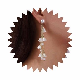 Inilbran Boho Flower Chain Earrings Vintage Pearl Flower Tassel Earrings Gold Bell Orchid Flower Tassel Earrings Long Pearl Chain Tassel Drop Earrings Jewellery for Women and Girls, Zinc