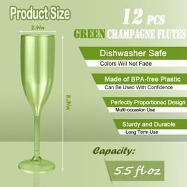 CHICERA 12 Pcs Green Plastic Champagne Flutes Bulk，Sage Green Champagne Glasses, Made of Durable Plastic Material Can be Used for Weddings, Everyday Fun Parties and More!