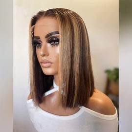 OLFORY 4/30 Ombre Bob Human HaIr Wigs 13x4 Lace Front Wigs for Black Women Straight Human Hair HD Lace Front Wigs 180% Density Short Bob Natural Black Color 8 inch