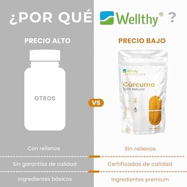 Wellthy Cúrcuma 200 CÁPSULAS 700mg c/u. Solo 1 Cápsula al día. Mas de 6 meses de consumo, VCaps Cápsulas veganas, Bottle Free.