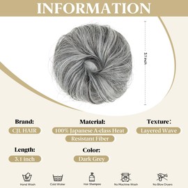 CJL HAIR 2PCs Small Cute Messy Bun Hair Piece for Thin Hair Women Girl Mini Synthetic Curly Bun Scrunchies Updo Hairpieces for Kids Dark Grey