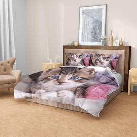 PORJDN Bedding Set Cat, Children's Bedding with Duvet Cover and Pillowcase 65 x 65 cm, Kitty Pattern Duvet Cover 3D Pet Cat Duvet Cover Set (Kitten 1, 140 x 200 cm)