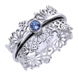 ENERGY STONE 925 Sterling Silver Fidget Ring | Wildflowers | Women Silver Ring | Silver Lacework | High Shine Sparkles Light Sapphire Color Austrian Crystal | Centering Anxiety Relief | Size 9