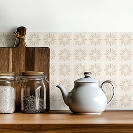 meihea 30 Pack, 4x4 Inch Neutral Peel and Stick Tiles, Modern Geometric Sunburst Decals for Backsplash, Stairs, Furniture & Countertops