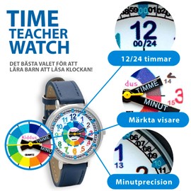 Kiddus Learning Watch for Children, Boys and Girls, Analogue Watch with Time Learning Exercises, Time Teacher. Svenska PU Läder Blå, Svenska Pu Läder Blå, Modern