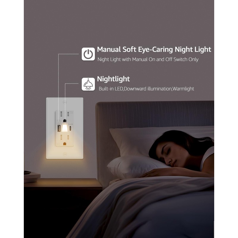 GFCI Outlet 15 Amp+ USB C Outlets with Night Lights