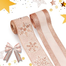 2 Rolls Christmas Fabric Ribbons Large Snowflake Strip Burlap Linen Ribbons Pinkish Pink Glitter Powder Edge Wired Decor Ribbon for New Year Xmas Party Gift Wrapping Crafts Decoration Supplies 5 Yards