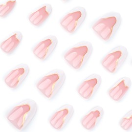 French Tip Press on Nails Almond Shape Fake Nails French Almond Nails Press on Gel False Nails with Gold Spiral Lines Designs Glossy Pink Acrylic Full Cover Glue on Stick on Nails for Women 24PCS