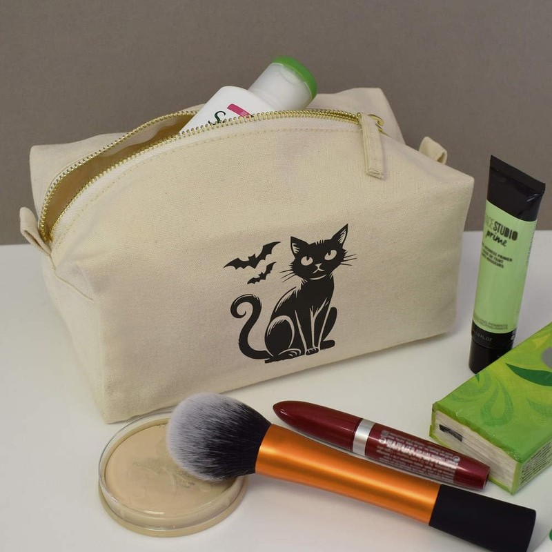 'Sitting Cat & Bats' Canvas Wash Bag/Makeup Case (CS00040033)
