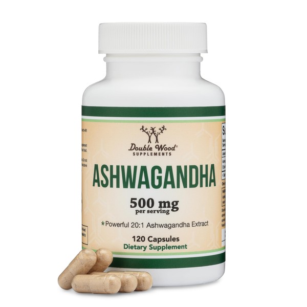 Double Wood Supplements Ashwagandha Capsules, 120 Count (500mg Extract 20:1