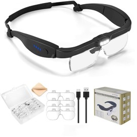 Magnifying Glasses with Light, 0.75X-4.0X Magnifying Glass, Rechargeable Head Magnifier Glasses with 3 LED Lights and 5 Detachable Lenses, Headset Magnifier for Close Work Crafts Jewelry