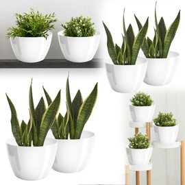 PECZEKO Shiny Flower Pot, Plastic Planter, Decorative Pot for Large and Small Plants, Set of 2 Flower Pot, Herb Pot, White, Diameter 12 cm