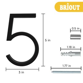 Briout 5" Modern House Numbers for Outside, Address Numbers for House with Nail Kits, Zinc Alloy Exterior House Numbers for Home Door Garden Street, High Gloss Black (5)