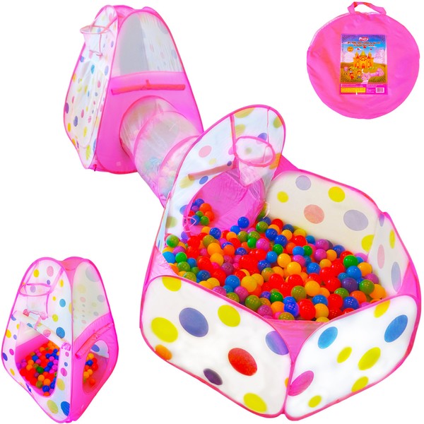 Playz 3pc Kids Play Tent Crawl Tunnel and Ball Pit Pop Up Playhouse Tent with Basketball Hoop for Girls, Boys, Babies, and Toddlers for Indoor and Outdoor Use with Pink Carrying Case