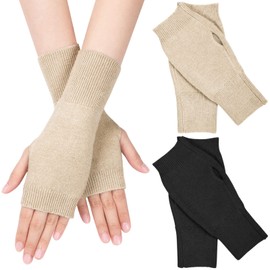 MELLIEX 2 Pairs of Half Fingerless Gloves, Winter Pulse Warmer Gloves, Unisex, Warm, Soft, Knitted Gloves, black, brown