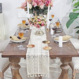Decoco 9.5"x 71" White Macrame Table Runner, Rectangular, Crochet Lace, Elegant Hollow-Mesh Table Cloth for Rustic, Boho Look, Decoration for Wedding, Bride & Baby Shower, Vintage Farmhouse Tabletop Decoration