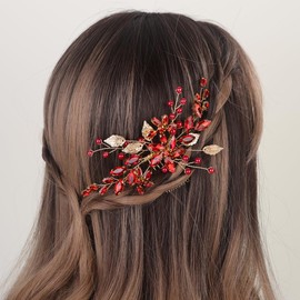 Aimimier Bridal Red Crystal Hair Comb Red Beads Leaf Hair Side Comb Flower Rhinestone Marquise Hair Piece Wedding Hair Accessories for Women and Girls (Red)