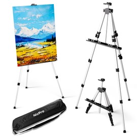 Nicpro Art Easel for Painting with Bag, Aluminum Metal Tripod Easel Stand for Sign, Silver Artist Easels Adjustable Height from17 to 66" for Table-Top/Floor Painting, Drawing, Display, Poster, Canvas