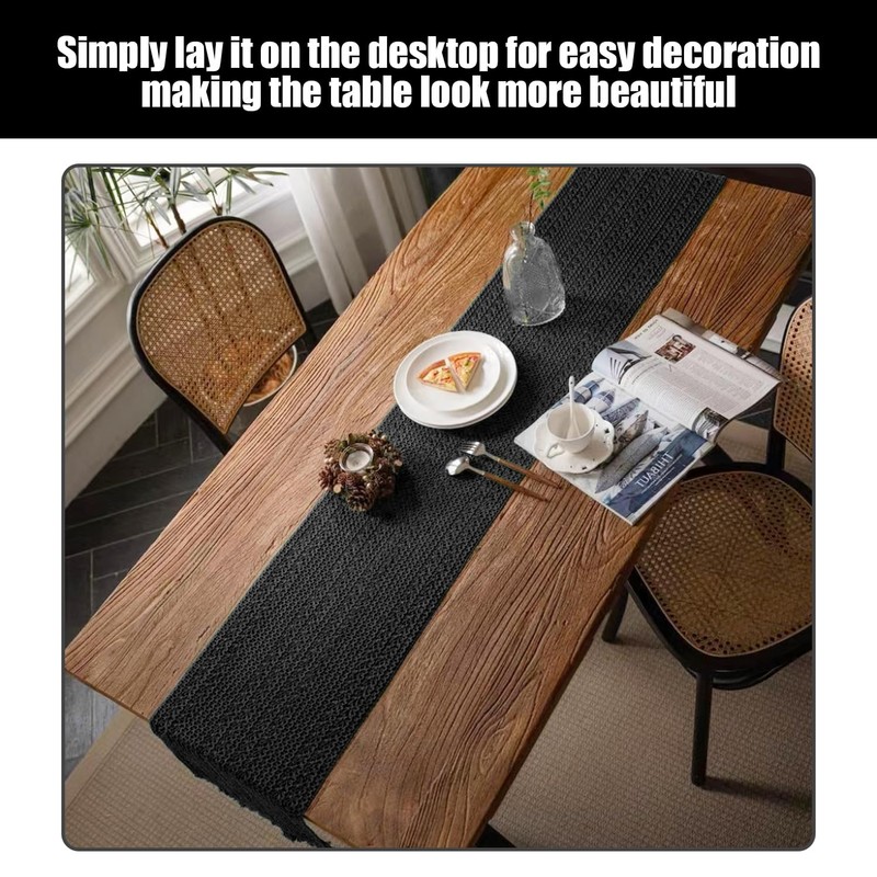 1 Piece Black Cotton And Linen Table Runner, Woven Tassel