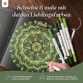 LEBENSKOMPASS® Brush Pen Set Nature - 6 Brush Pens in Green Tones - Brush Pens for Hand Lettering, Colouring & Bullet Journal - Dual Tip Pens with Fine & Flexible Tip