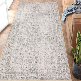 PureCozy Grey Runner Rug 2x6 Indoor Vintage Area Rug Hallway Kitchen Bedroom Rug Washable Living Room Carpet Retro Floral Accent Throw Rug Distressed Floor Rug for Office Dining Room Bathroom