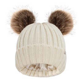 Hat Hut Winter Hats for Women Satin Lined Beanie Hats for Women Ladies Bobble Hat Double Pom Pom Beanie Cap (B3-Beige 2 Poms)